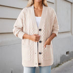 Gilet Oversize en Maille Torsadée Col V, Boutons et Poches