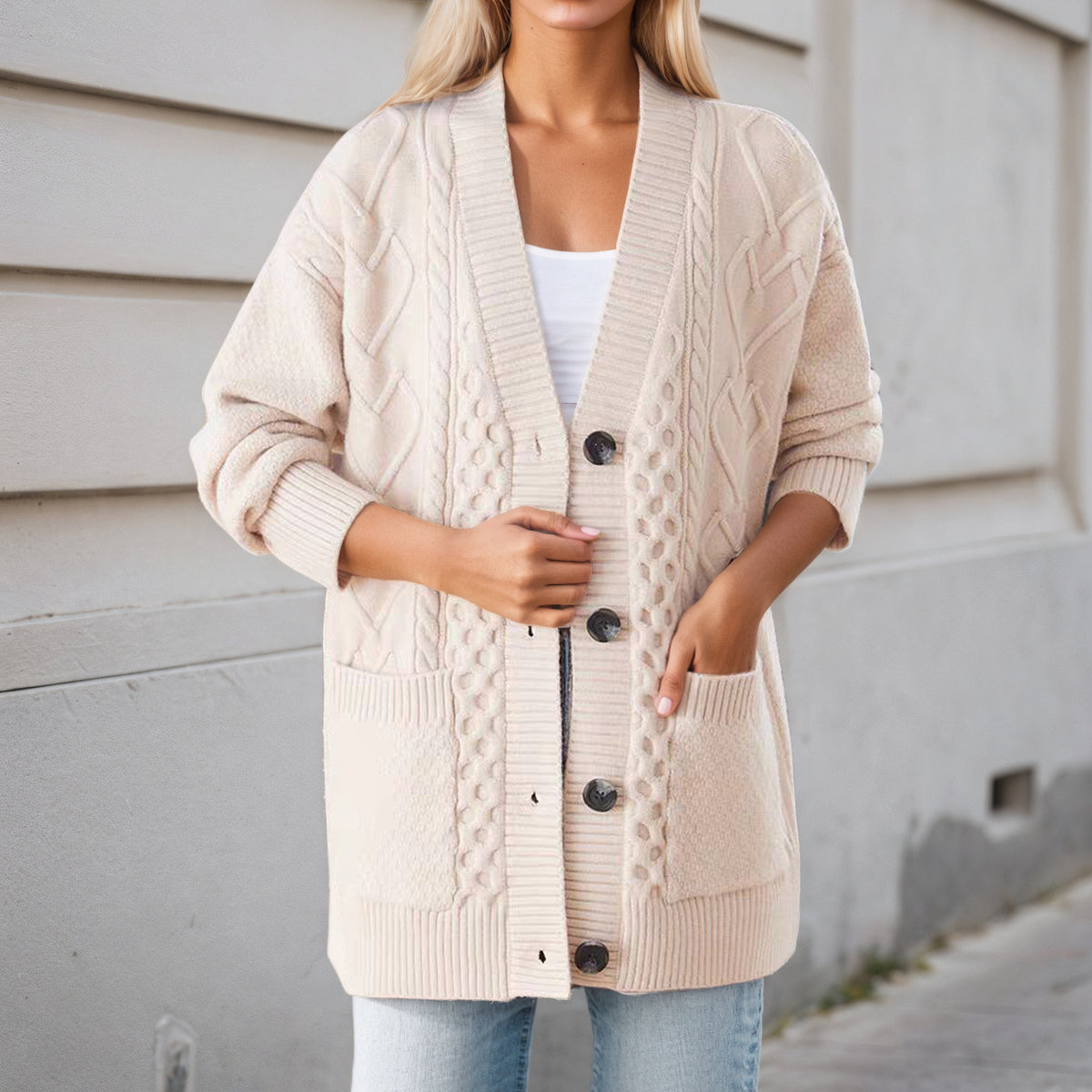 Gilet Oversize en Maille Torsadée Col V, Boutons et Poches