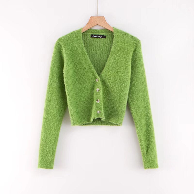 Gilet Court en Maille Douce et Duveteuse Col V et Manches Longues