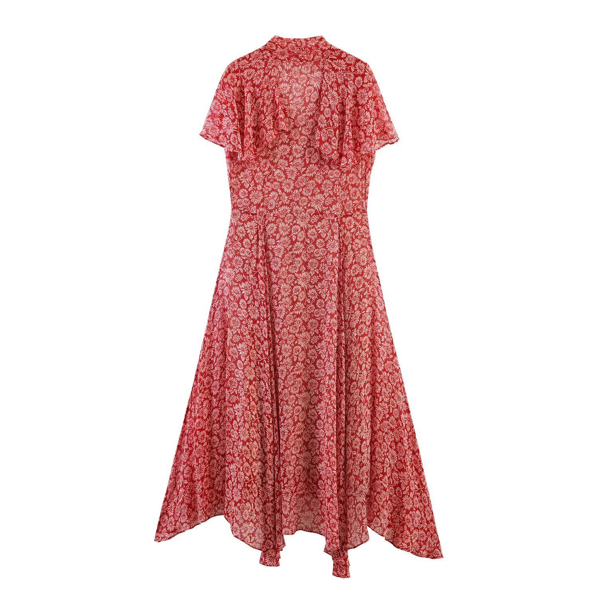 Robe Midi Fleurie Rouge à Col Noué Manches Volantées