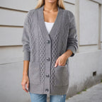 Gilet Oversize en Maille Torsadée Col V, Boutons et Poches