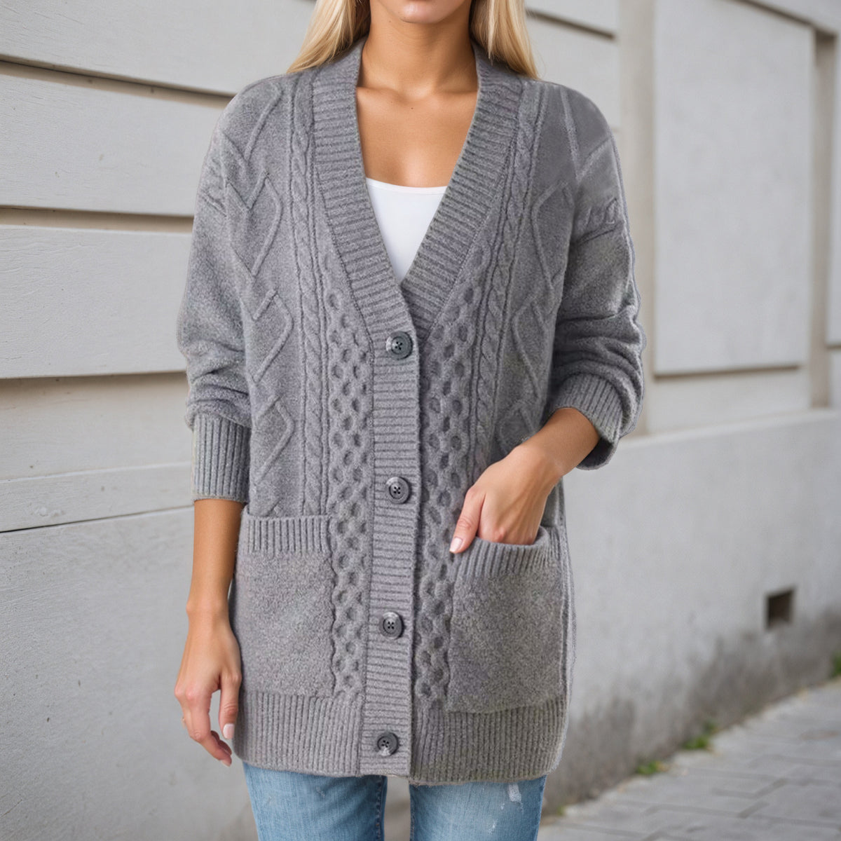 Gilet Oversize en Maille Torsadée Col V, Boutons et Poches