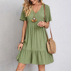 Robe Courte à Col V et Volants Fluide Décontractée
