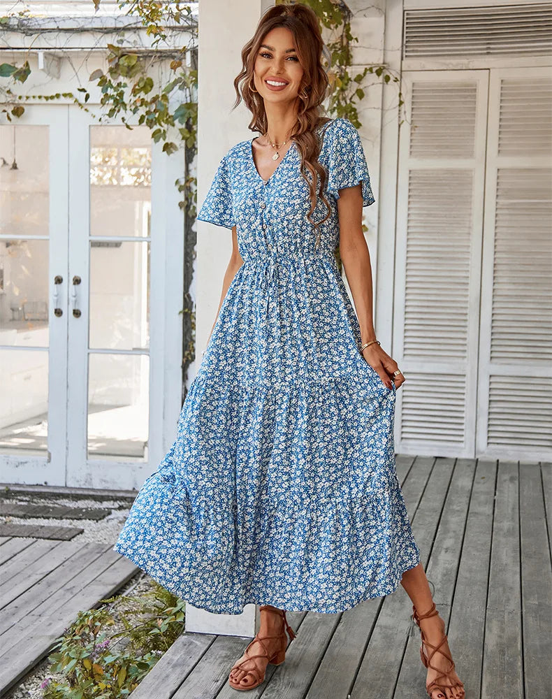 Robe Longue Fleurie à Manches Volantées