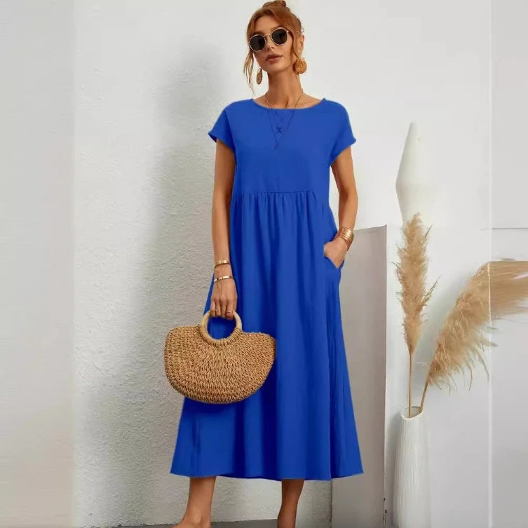 Robe Midi en Coton et Lin Fluide Empire