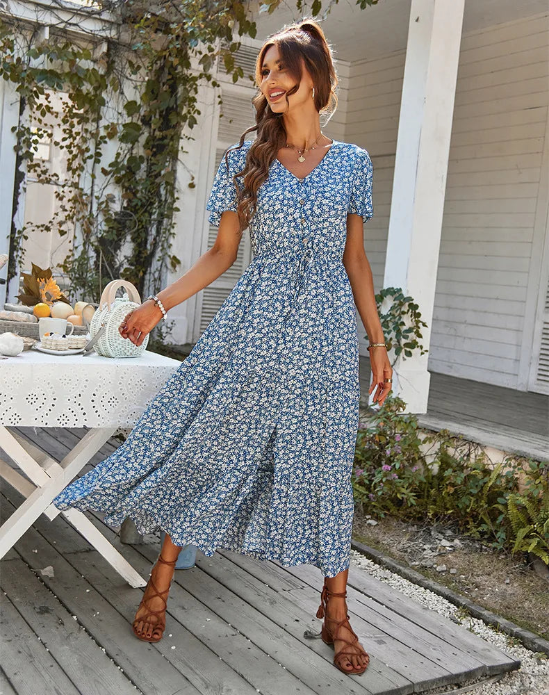 Robe Longue Fleurie à Manches Volantées
