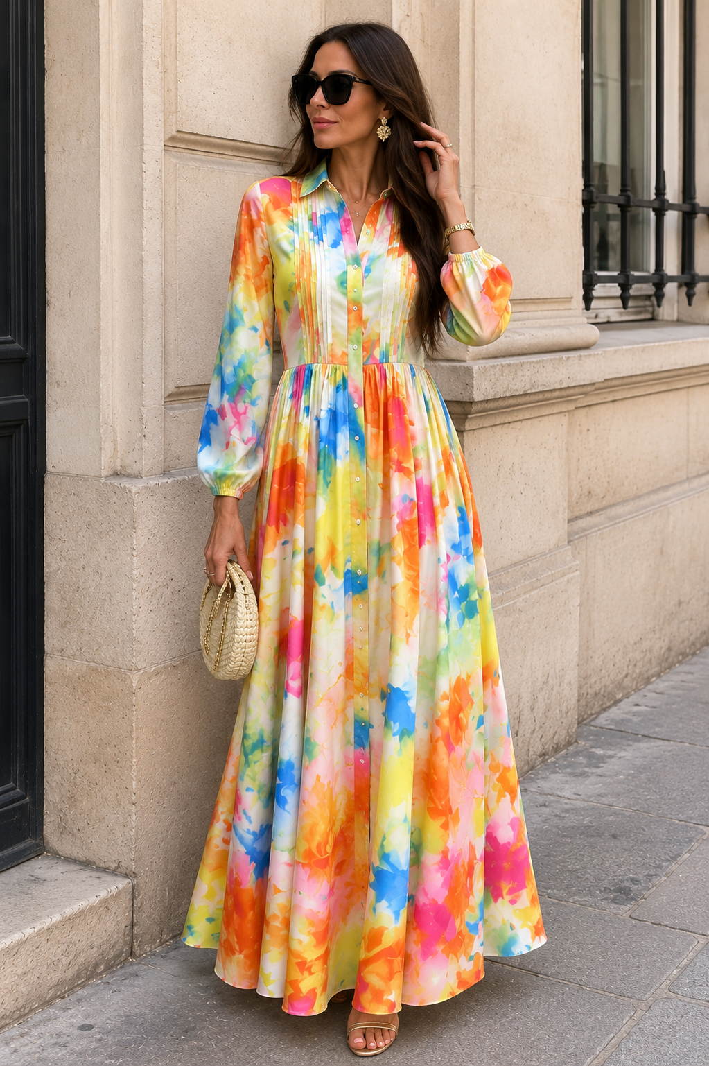 Robe Chemise Longue à Imprimé Floral Manches Bouffantes