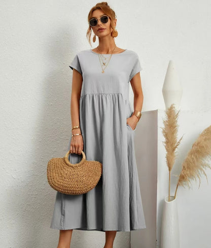 Robe Midi en Coton et Lin Fluide Empire
