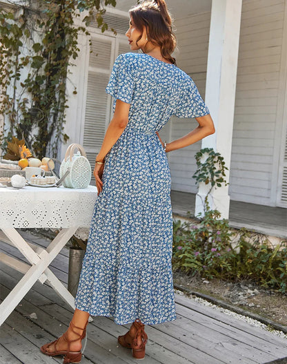 Robe Longue Fleurie à Manches Volantées