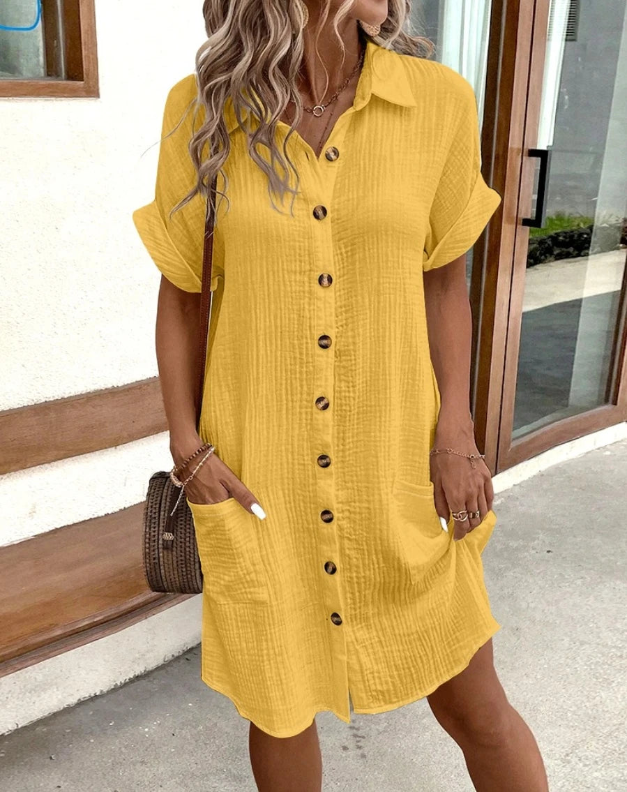 Robe Chemise Tunique Ample à Boutons et Poches