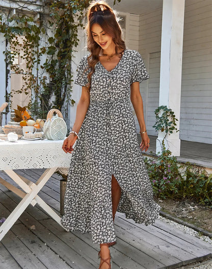 Robe Longue Fleurie à Manches Volantées