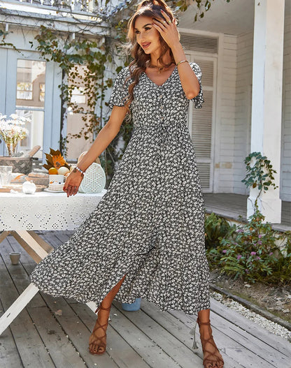 Robe Longue Fleurie à Manches Volantées
