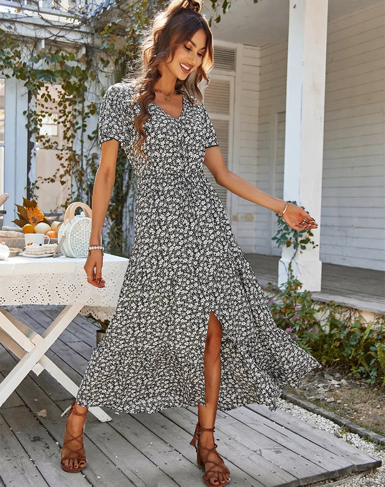 Robe Longue Fleurie à Manches Volantées