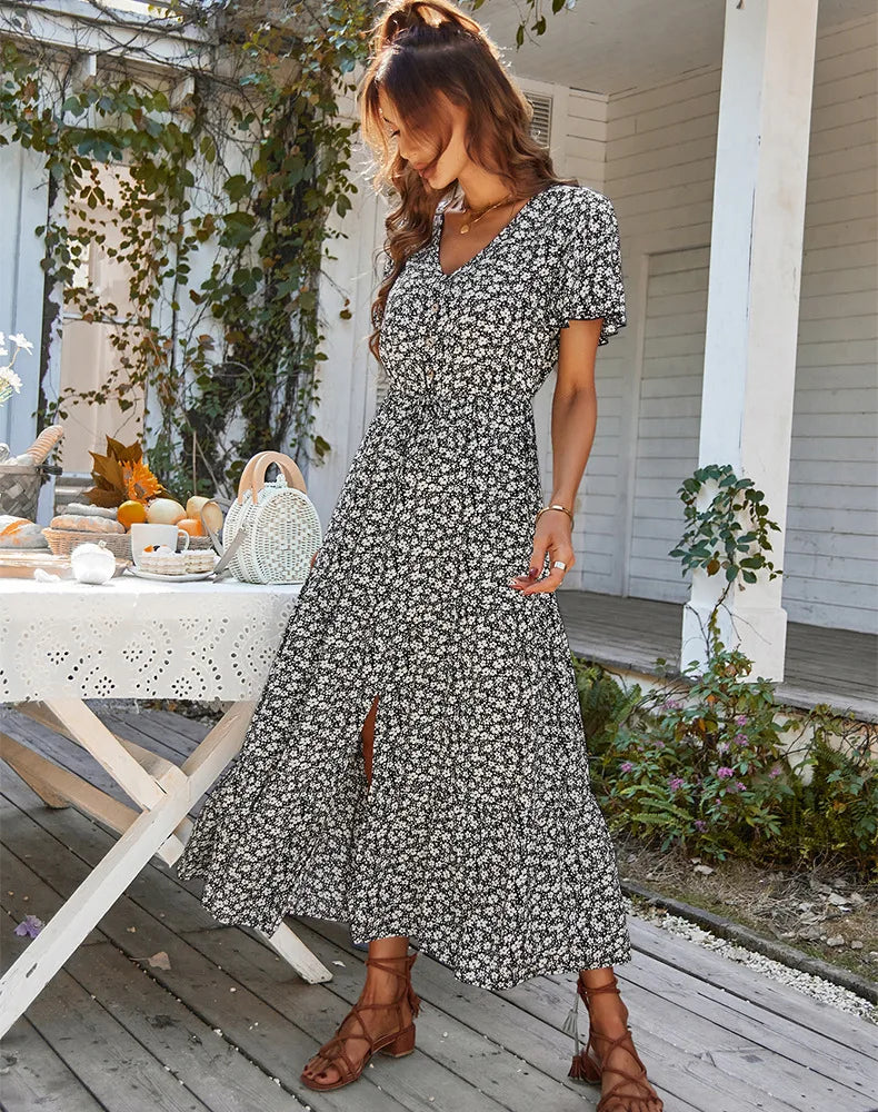 Robe Longue Fleurie à Manches Volantées