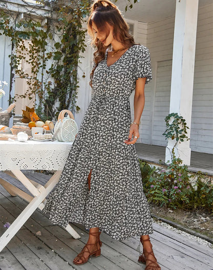 Robe Longue Fleurie à Manches Volantées