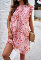 Robe Courte Fleurie Rose à Col Montant Manches Volantées