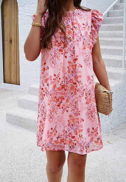 Robe Courte Fleurie Rose à Col Montant Manches Volantées