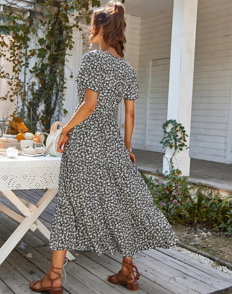 Robe Longue Fleurie à Manches Volantées