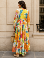 Robe Chemise Longue à Imprimé Floral Manches Bouffantes