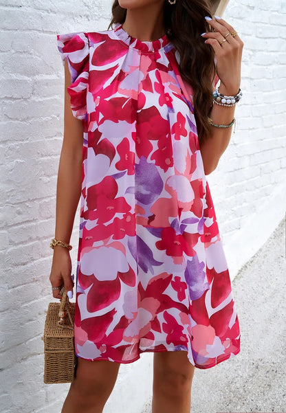 Robe Courte Fleurie Rose à Col Montant Manches Volantées