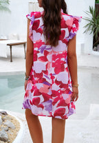 Robe Courte Fleurie Rose à Col Montant Manches Volantées
