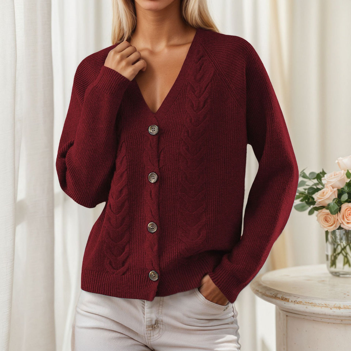 Gilet en Maille Torsadée à Col V Boutonné