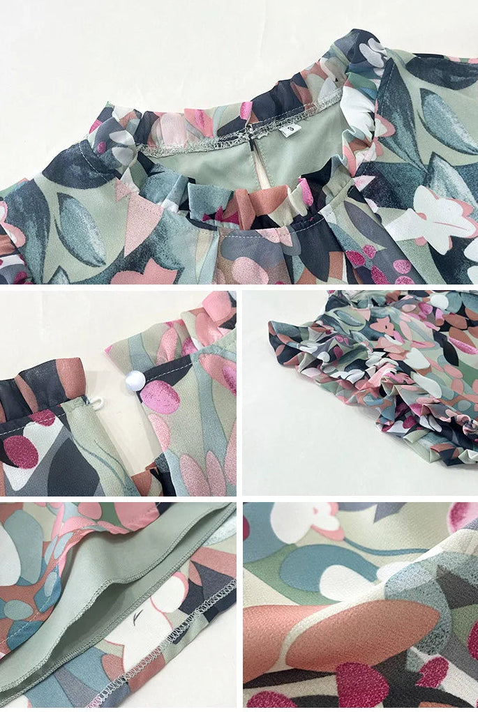 Robe Courte Fleurie Rose à Col Montant Manches Volantées