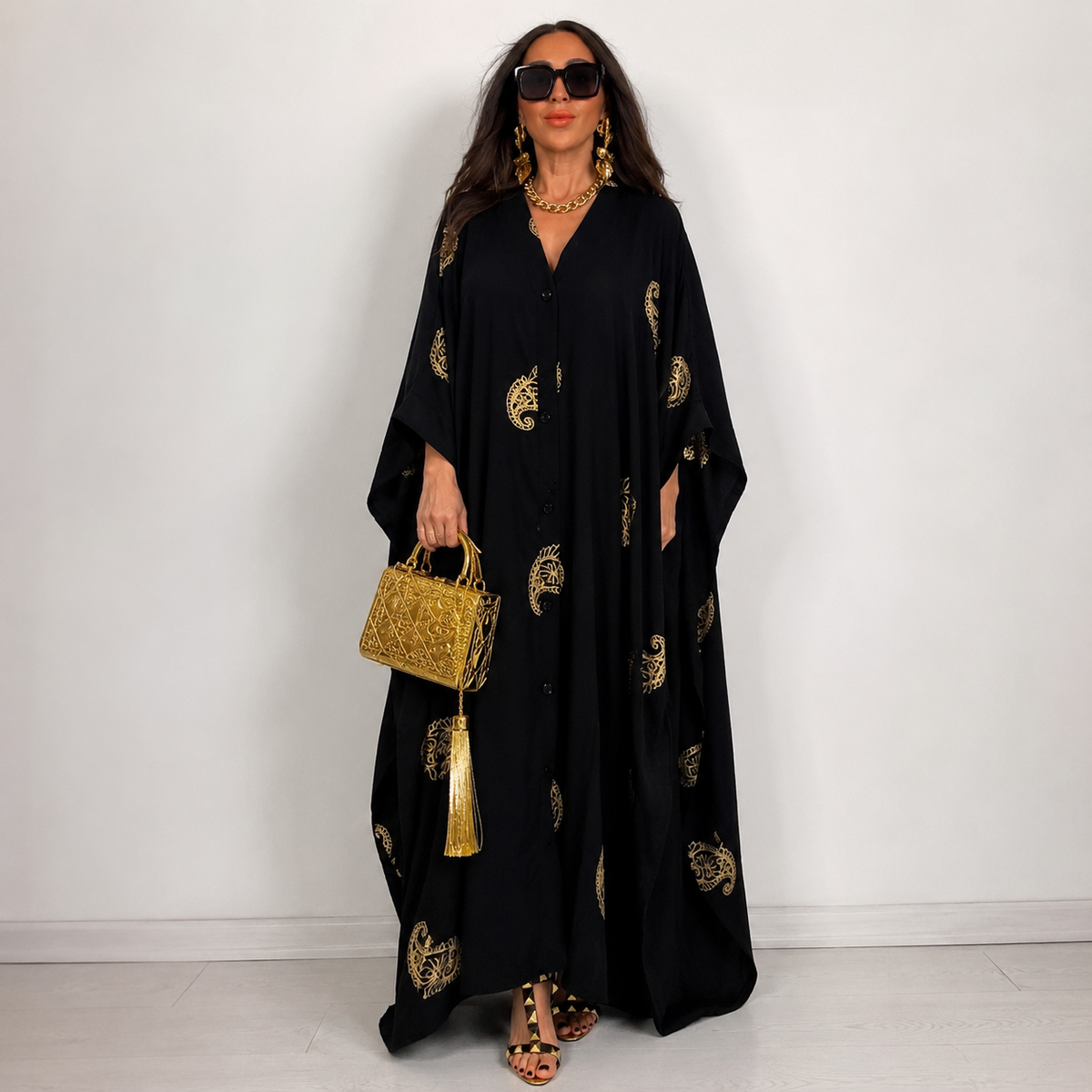 Robe Kaftan Longue Brodée à Motifs Cachemire