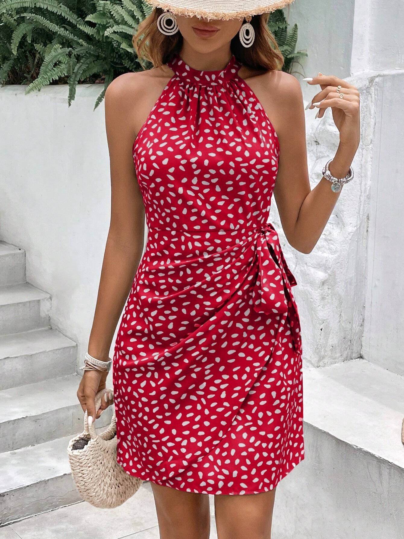 Robe Midi à Col Halter Fluide et Imprimé