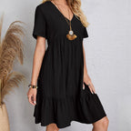Robe Courte à Col V et Volants Fluide Décontractée