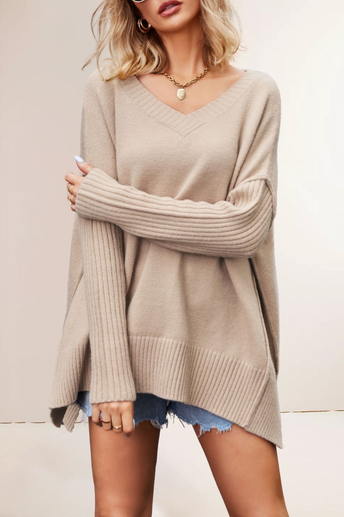 Pull Oversize en Maille à Col V – Manches Longues