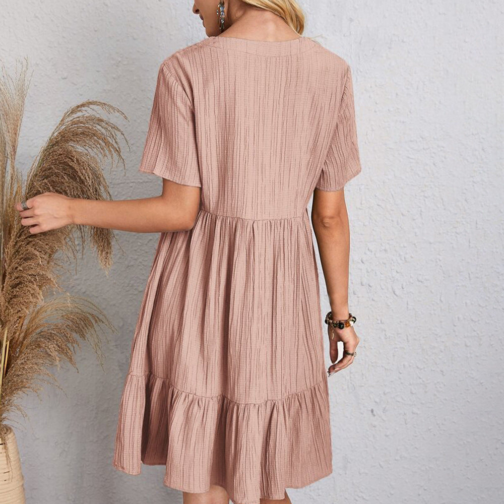 Robe Courte à Col V et Volants Fluide Décontractée