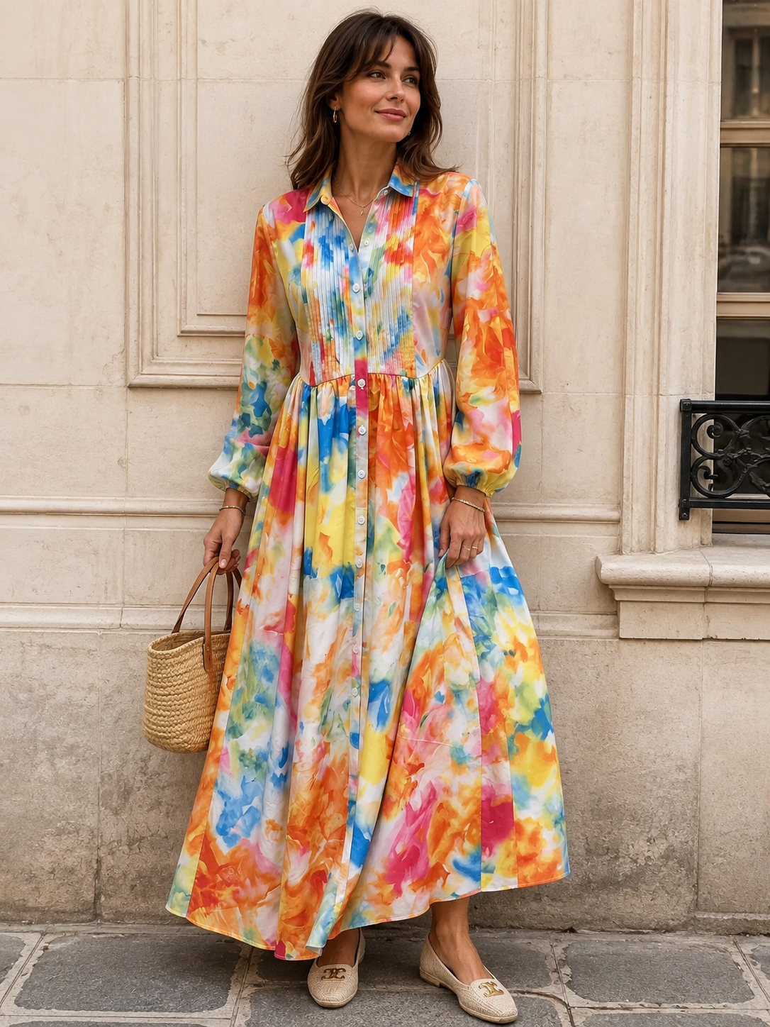 Robe Chemise Longue à Imprimé Floral Manches Bouffantes