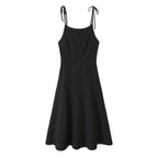 Robe Midi Noire à Bretelles à Nouer Coupe Évasée