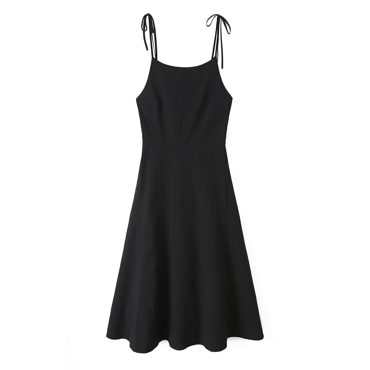 Robe Midi Noire à Bretelles à Nouer Coupe Évasée