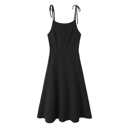 Robe Midi Noire à Bretelles à Nouer Coupe Évasée