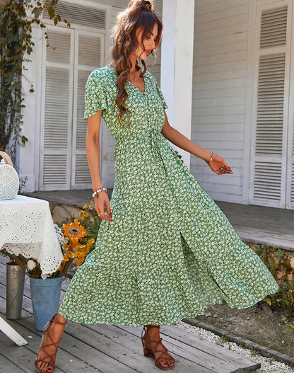 Robe Longue Fleurie à Manches Volantées