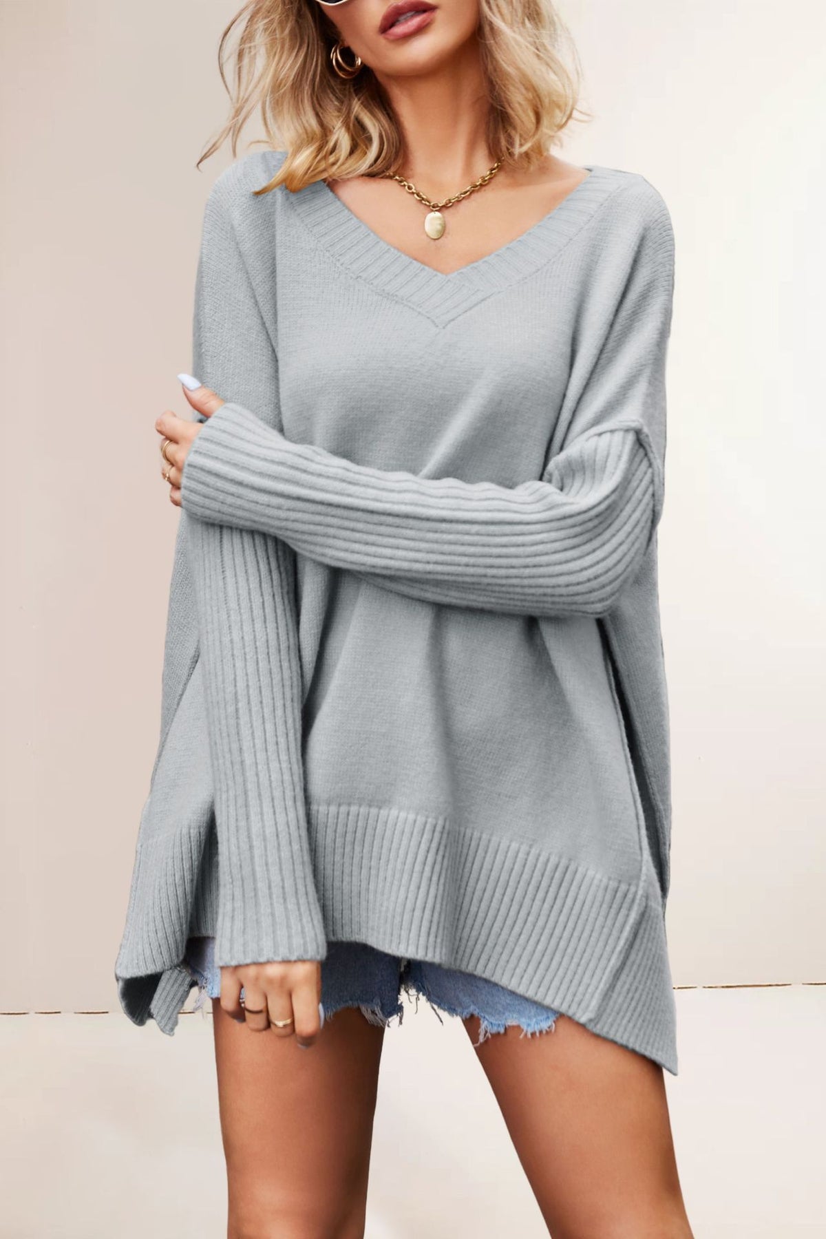 Pull Oversize en Maille à Col V – Manches Longues