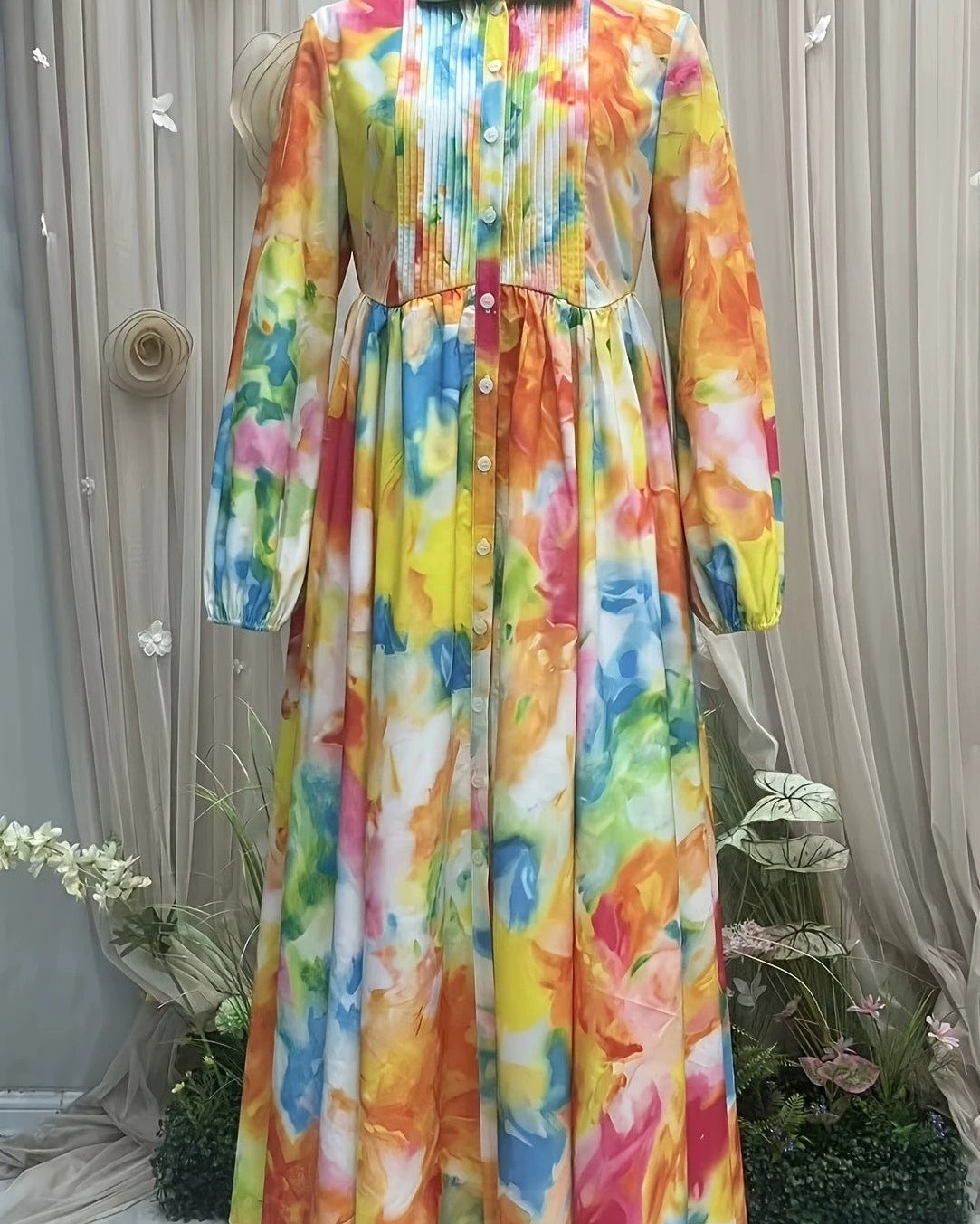 Robe Chemise Longue à Imprimé Floral Manches Bouffantes