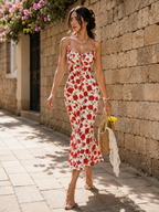 Robe Longue Fleurie à Bretelles Imprimé Rose