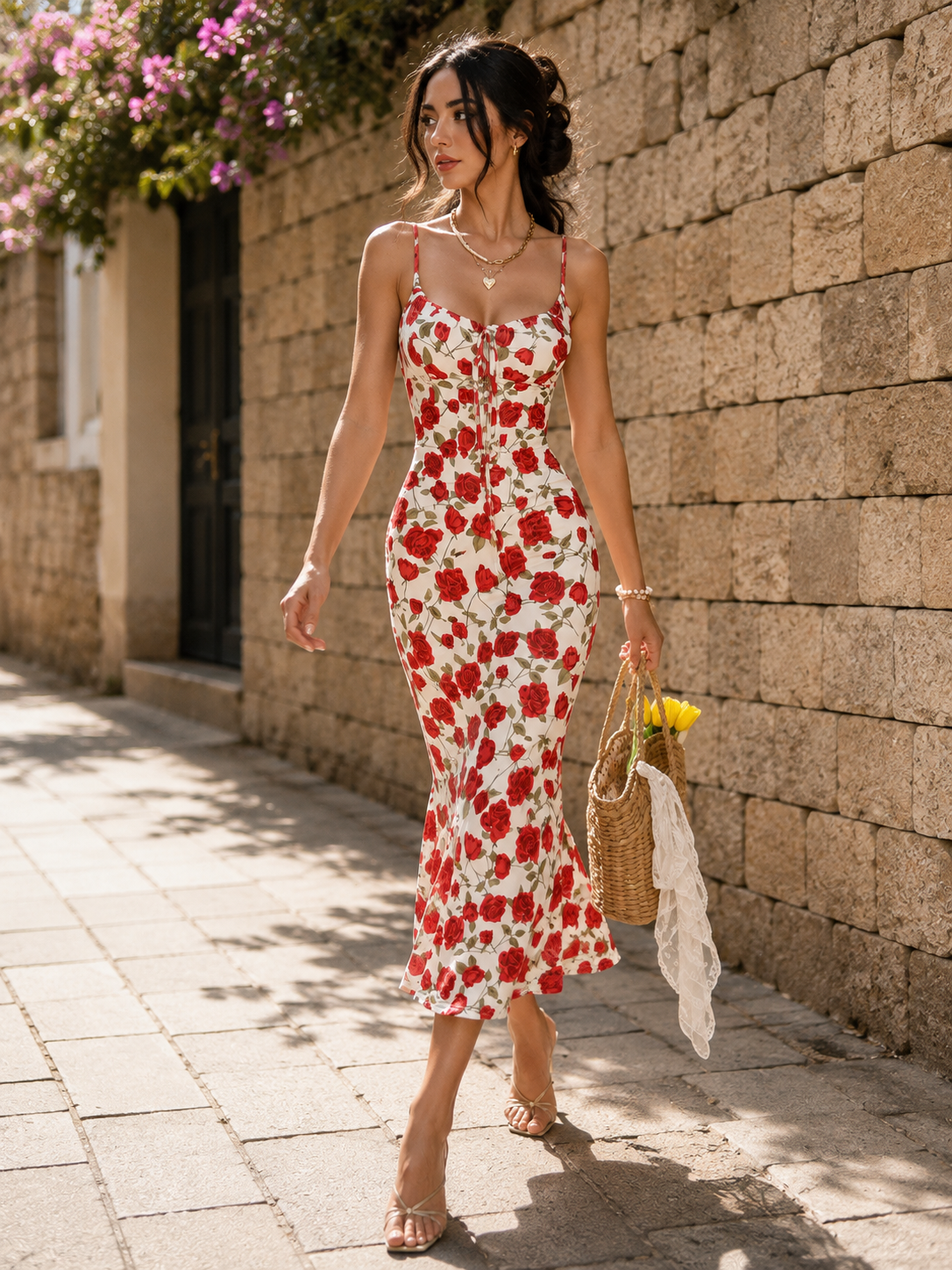 Robe Longue Fleurie à Bretelles Imprimé Rose