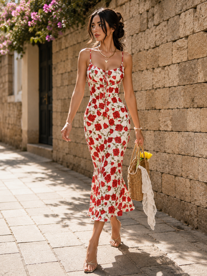 Robe Longue Fleurie à Bretelles Imprimé Rose