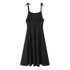 Robe Midi Noire à Bretelles à Nouer Coupe Évasée