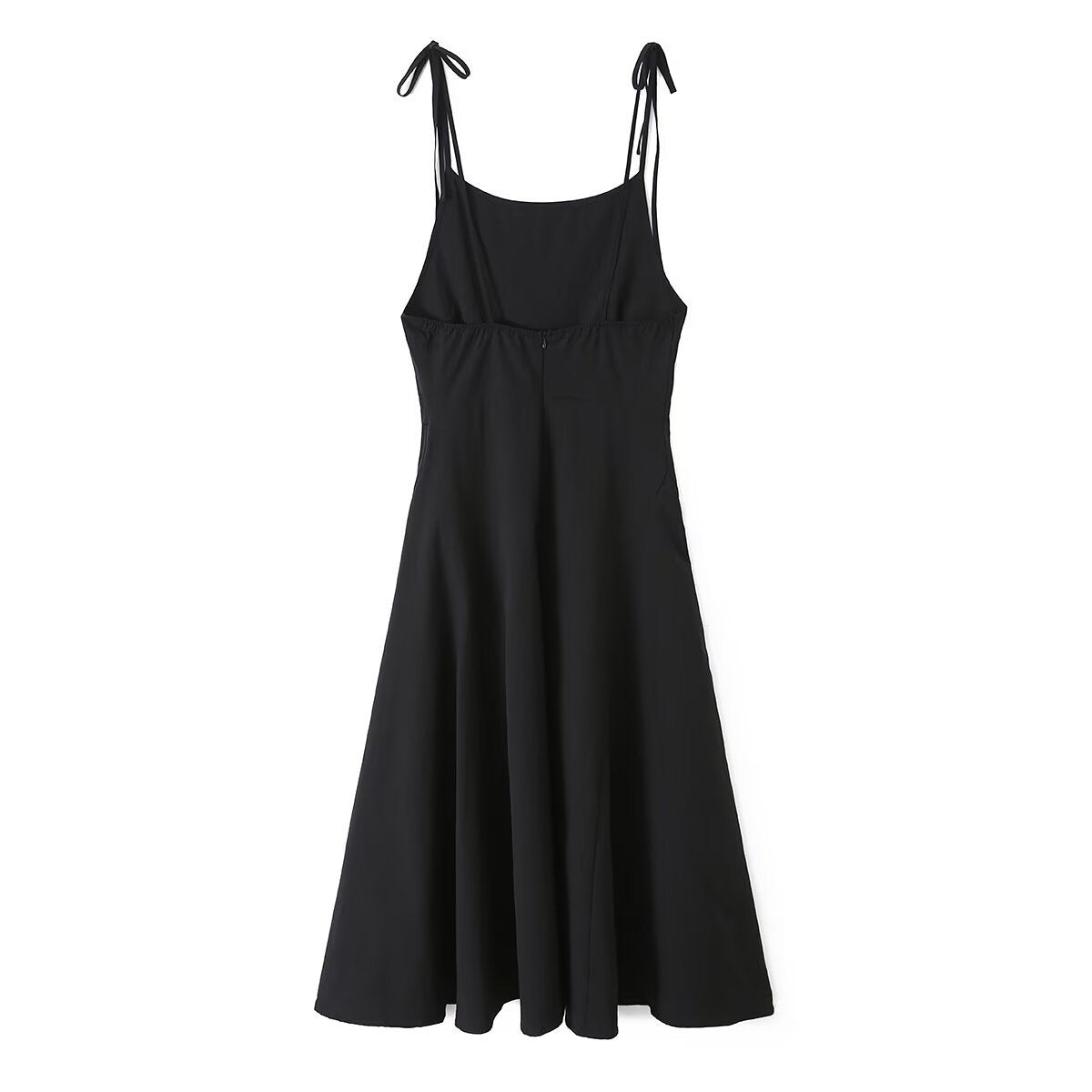 Robe Midi Noire à Bretelles à Nouer Coupe Évasée