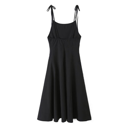 Robe Midi Noire à Bretelles à Nouer Coupe Évasée