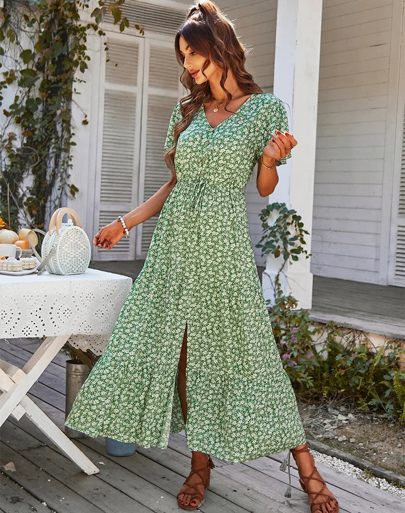 Robe Longue Fleurie à Manches Volantées
