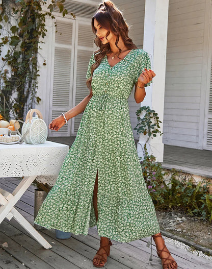 Robe Longue Fleurie à Manches Volantées