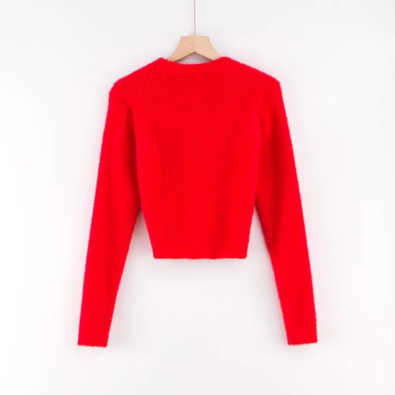 Gilet Court en Maille Douce et Duveteuse Col V et Manches Longues