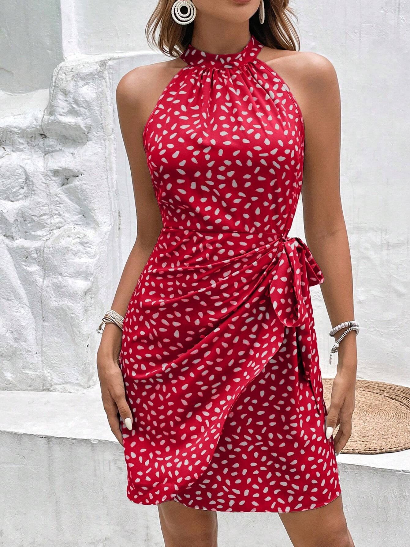 Robe Midi à Col Halter Fluide et Imprimé