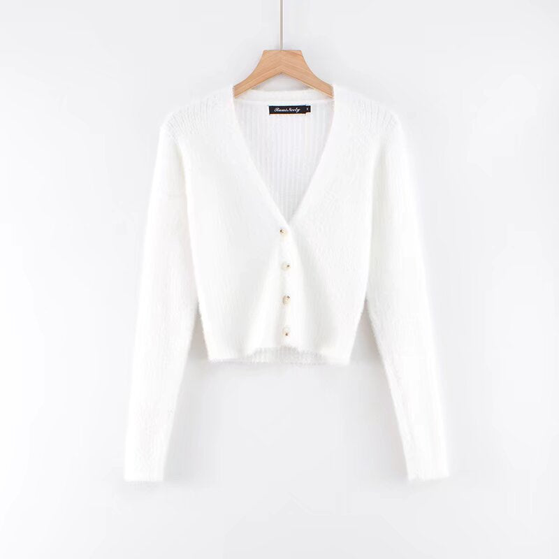 Gilet Court en Maille Douce et Duveteuse Col V et Manches Longues